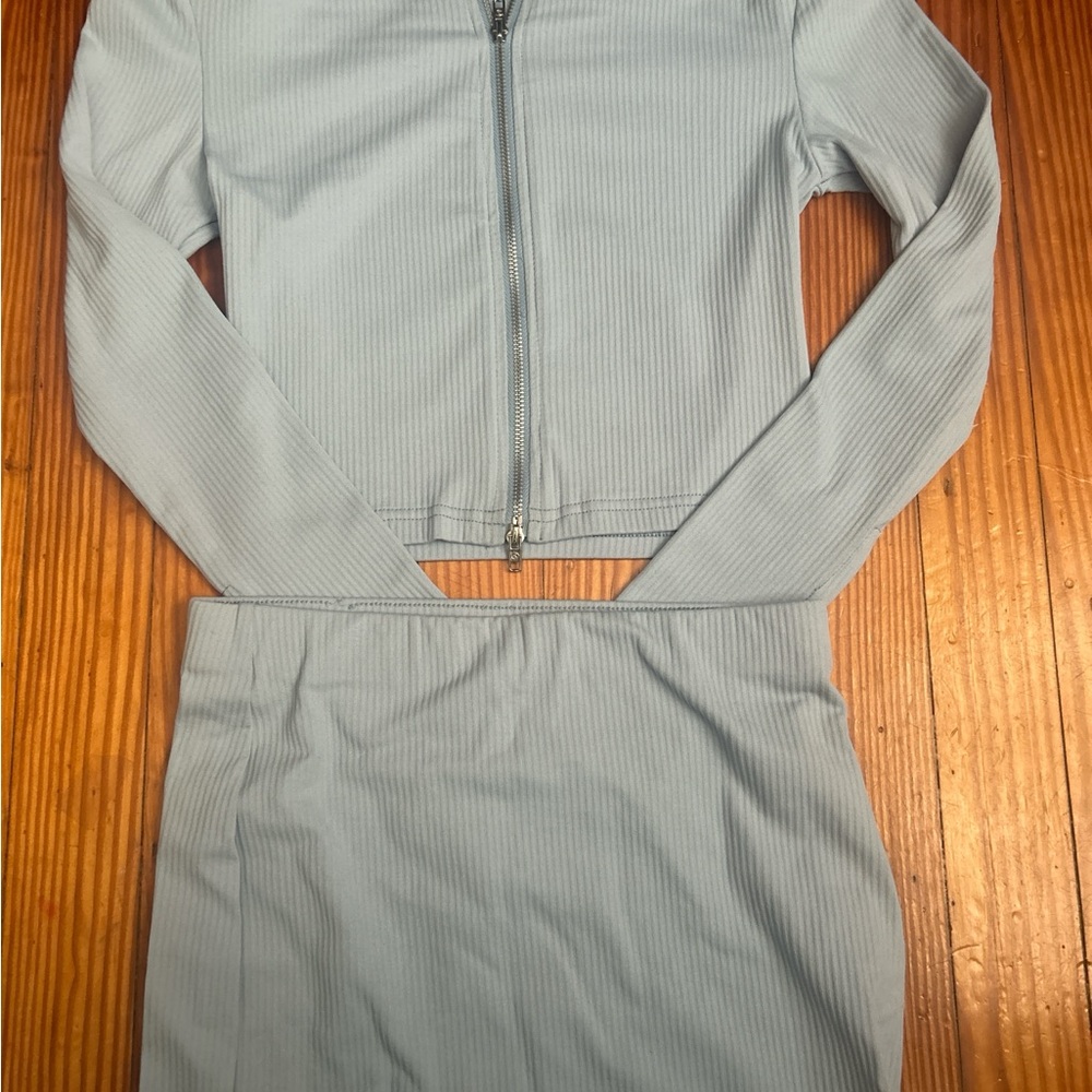 Light Blue Ribbed Zip-Up Top and Skirt Set